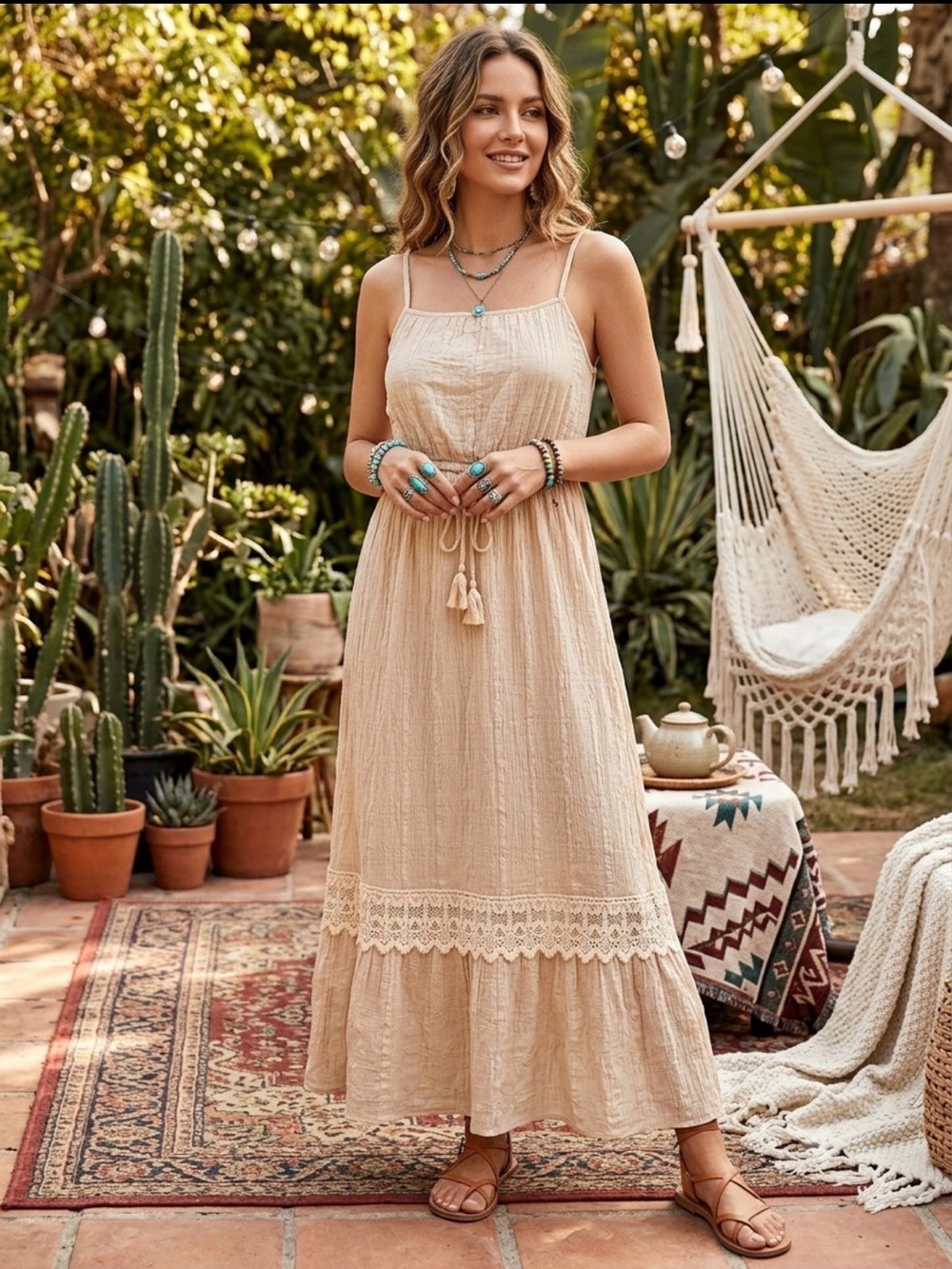 LUSH | Boho Beige Crinkled Textured Tie-Front Midi Dress